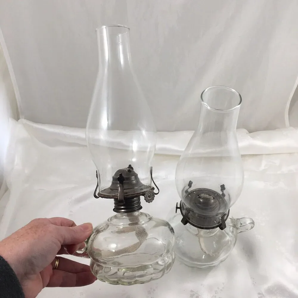 lot of 2 Matching Chamber Glass Oil Lamps Clear Glass with Handle